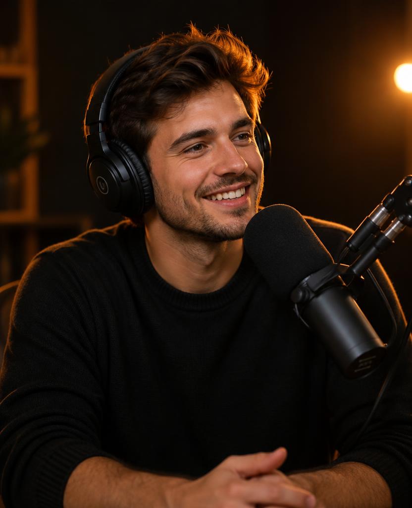Guest smiling during a podcast recording