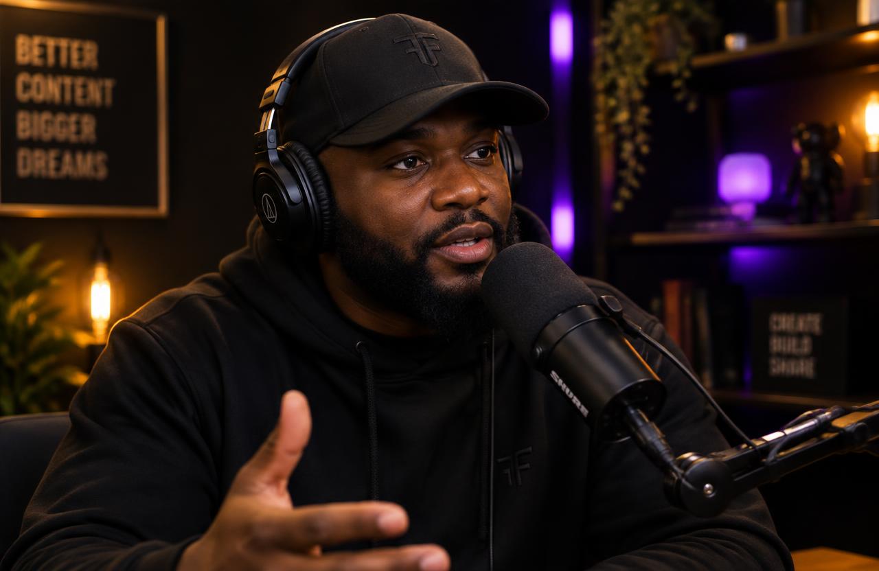 Host speaking into a studio microphone